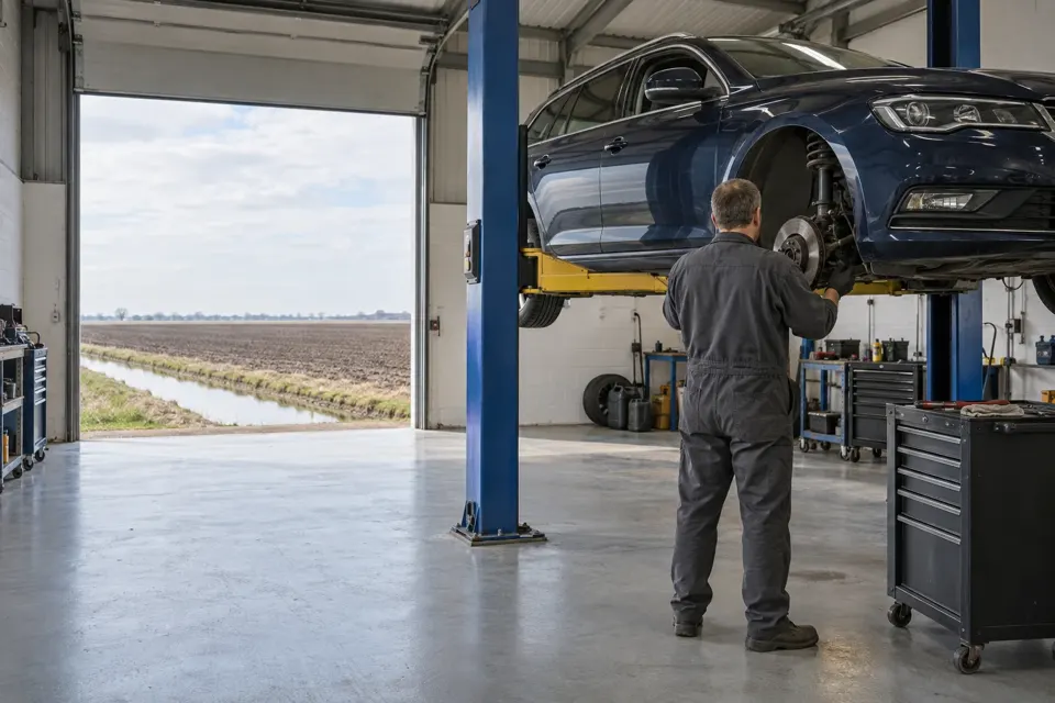 A mechanic checking the front suspension of an estate car on a lift, flat fen fields and a dyke outside the open door