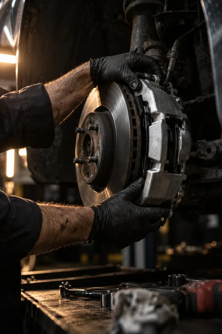 Gloved hands fitting a brake caliper over a new brake disc