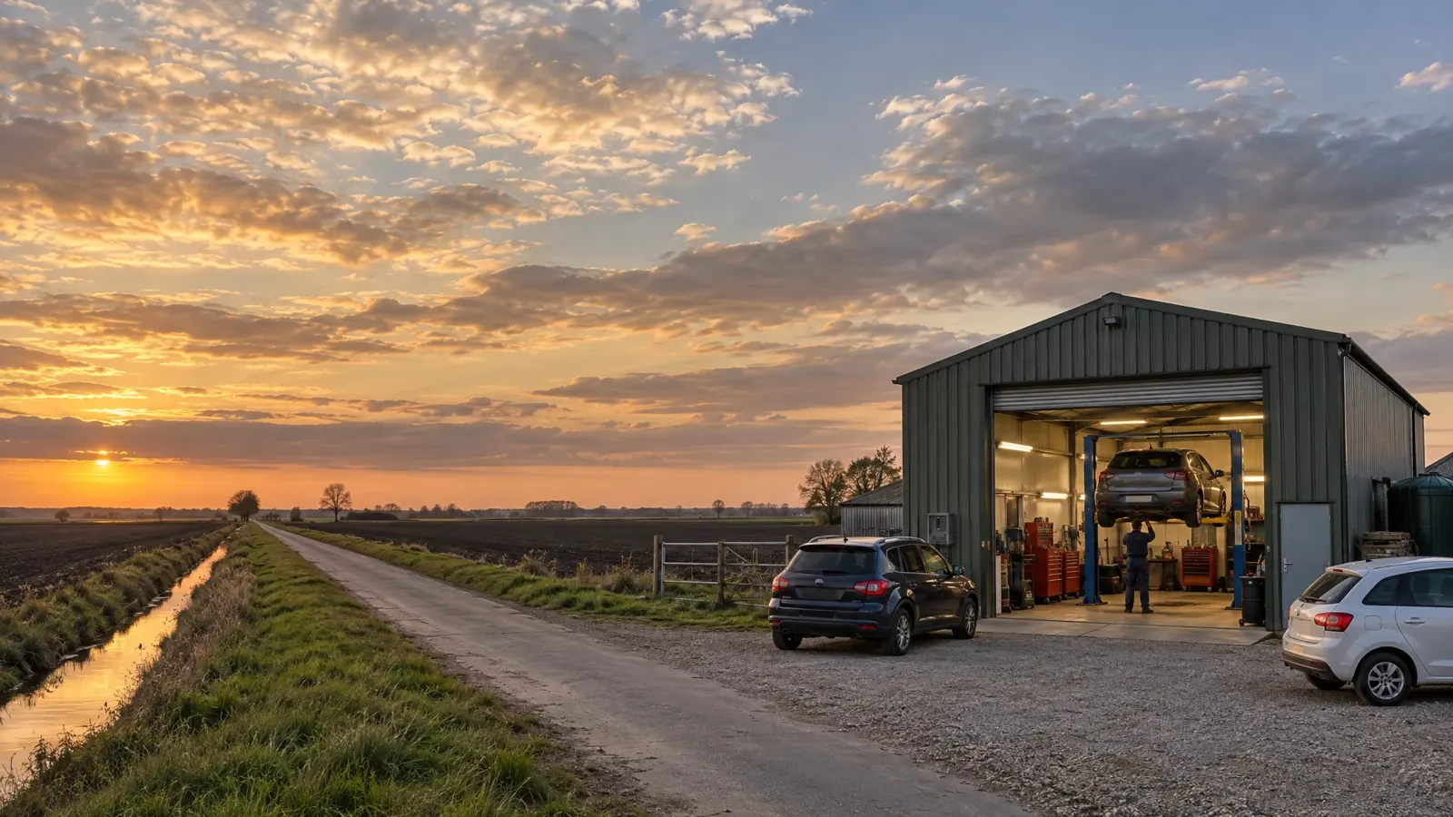 A barn workshop at sunset beside a fen drove and dyke, roller door open with a car up on the lift